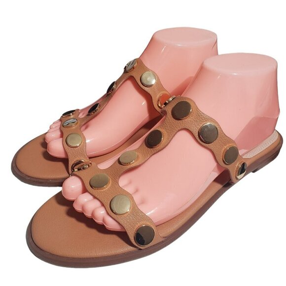 Kensie Womens Mannette Tan Open Toe Studded Slip On Slides Flat Sandals Size 9.5 - Picture 1 of 6
